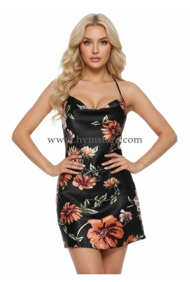 BATA DE SATÍN ESTAMPADO NEGRO FLORAL