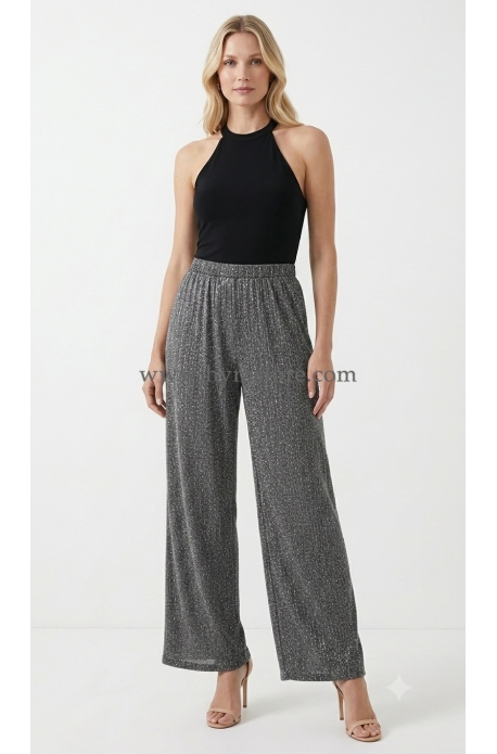 PANTALÓN PALAZZO GRIS CON BRILLO