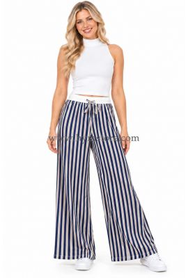 PANTALÓN PALAZZO A RAYAS BEIGE Y AZUL REY